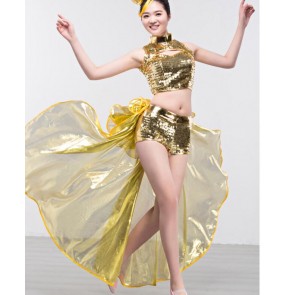 Women's girls lady fashionable silver sequined jazz dance costumes DJ Ds dance costumes top and shorts with tail fabric dance wear dresses